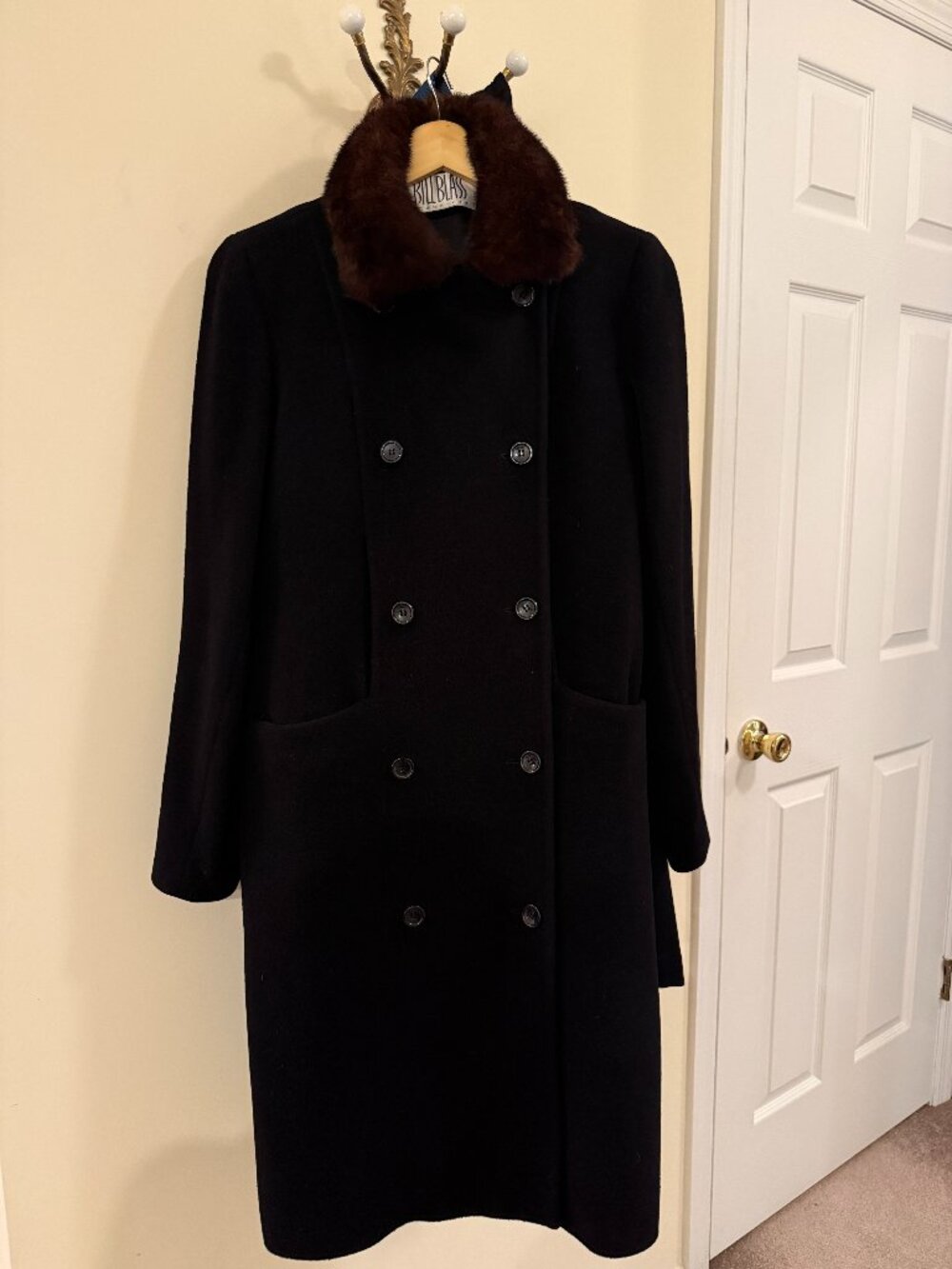 Vintage Bill Blass Signature Cashmere Wool Coat Fur Collar Black Sz 6